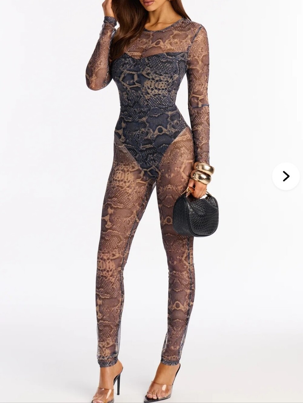 Fashion Nova Brown Snake-Print Sheer Mesh Jumpsuit
